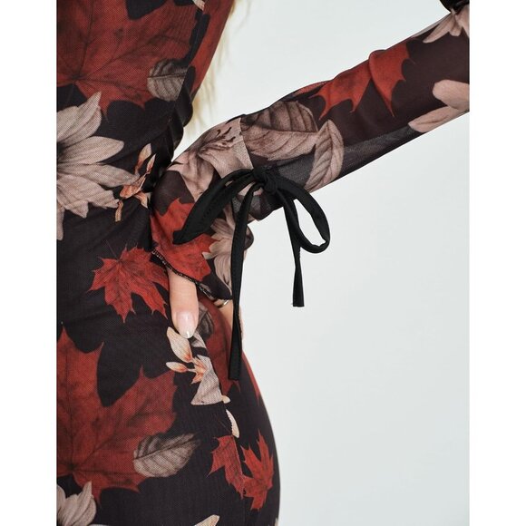 Women's Brown Floral Mesh Long Sleeve Party Cocktail Body-con Mini Dress - Picture 5 of 6